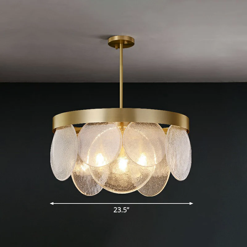 Postmoderne schijfhanglamp van gezaaid glas, 3-lichts woonkamerkroonluchter messing Clearhalo