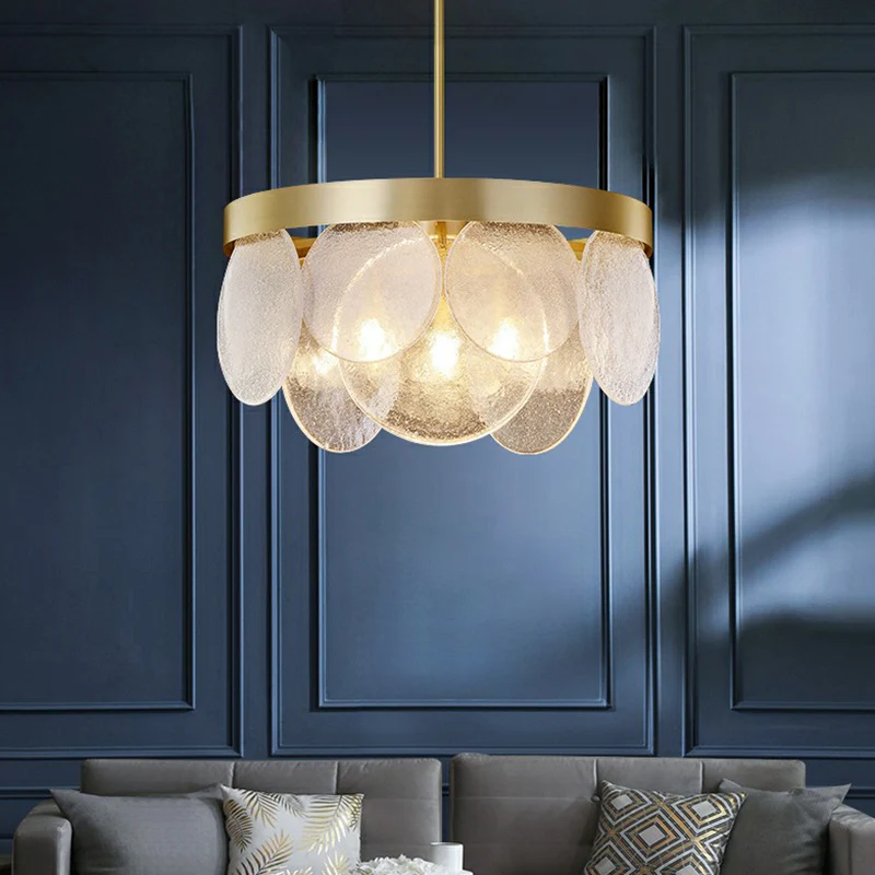 Postmoderne schijfhanglamp van gezaaid glas, 3-lichts woonkamerkroonluchter messing Clearhalo