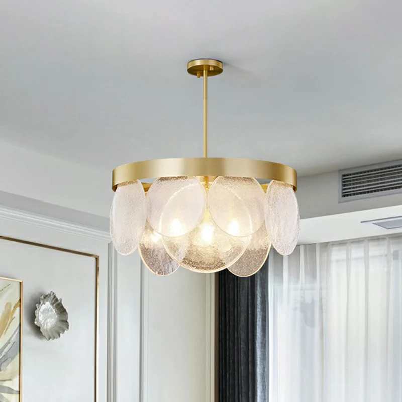 Postmoderne schijfhanglamp van gezaaid glas, 3-lichts woonkamerkroonluchter messing Clearhalo
