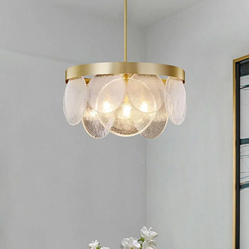 Postmoderne schijfhanglamp van gezaaid glas, 3-lichts woonkamerkroonluchter messing Clearhalo
