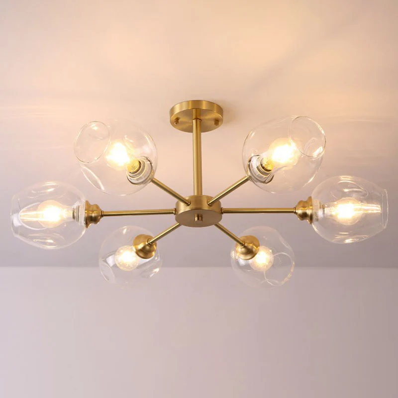 Postmoderne Sputnik plafondmontage kroonluchter bekerglas salon semi-inbouwlamp messing Clearhalo