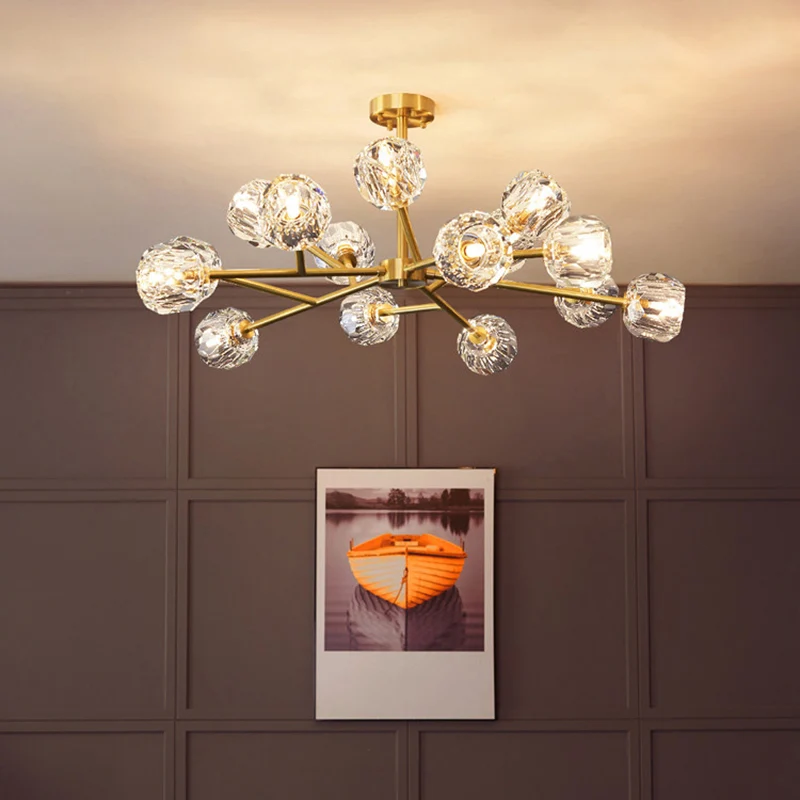 Postmoderne stijl kroonluchter messing boomtak hanglamp met kristallen bol kap Clearhalo