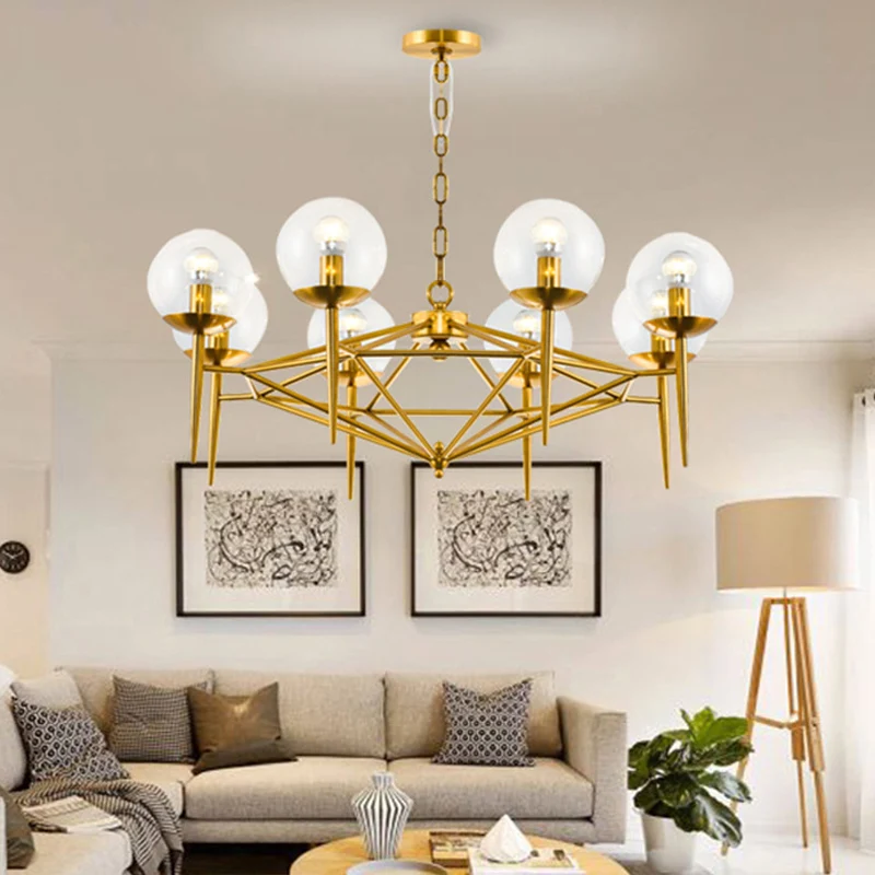 Postmoderne verticale kroonluchter van metaal, 8-lichts hanglamp voor de woonkamer goud met heldere glazen kap Clearhalo