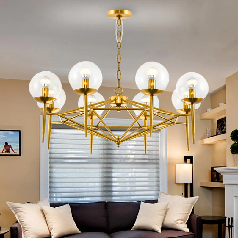 Postmoderne verticale kroonluchter van metaal, 8-lichts hanglamp voor de woonkamer goud met heldere glazen kap Clearhalo