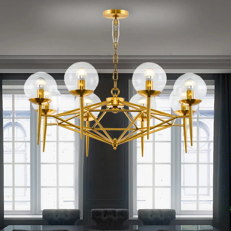 Postmoderne verticale kroonluchter van metaal, 8-lichts hanglamp voor de woonkamer goud met heldere glazen kap Clearhalo