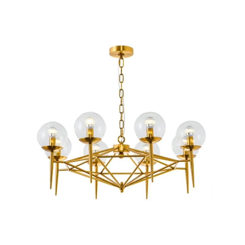 Postmoderne verticale kroonluchter van metaal, 8-lichts hanglamp voor de woonkamer goud met heldere glazen kap Clearhalo