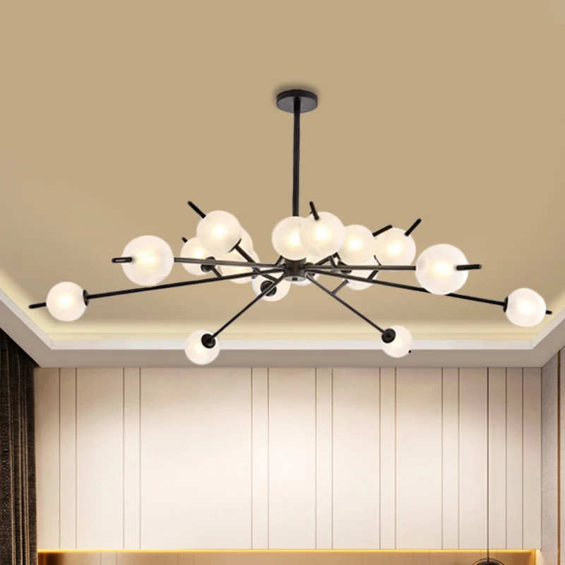 Postmoderne zwart/gouden kroonluchter met bubbelkap en 18 lichts matglazen hanglamp Clearhalo