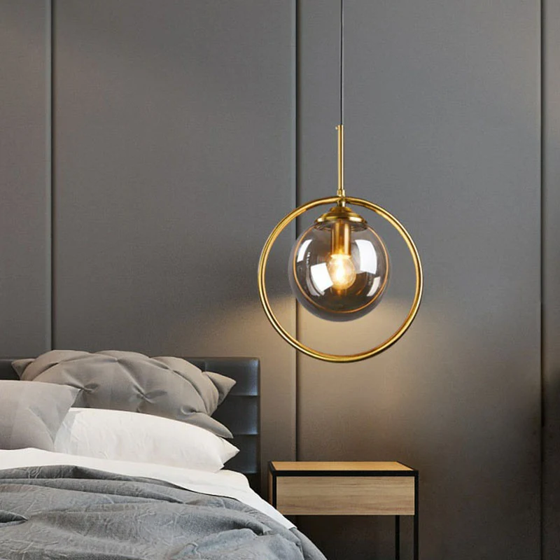 Postmodernistische Ball Shade Down Lighting Hanglamp van glas, 1-lichts keukenhanglamp met decoratieve ring Clearhalo