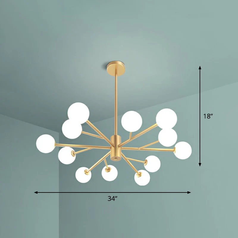 Postmodernistische gouden kroonluchter met metallic tak-led-hanglamp en lampenkap van opaalglas Clearhalo