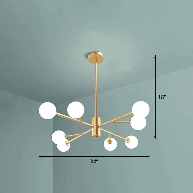 Postmodernistische gouden kroonluchter met metallic tak-led-hanglamp en lampenkap van opaalglas Clearhalo