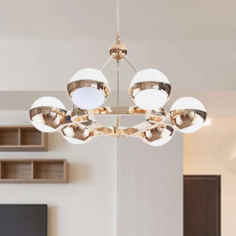 Prachtige ringhanglamp met bol matglazen kap 6/9 lichts metalen kroonluchter goud voor hotel Clearhalo