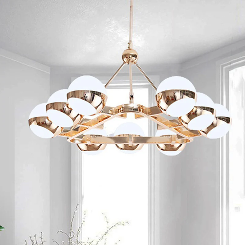 Prachtige ringhanglamp met bol matglazen kap 6/9 lichts metalen kroonluchter goud voor hotel Clearhalo