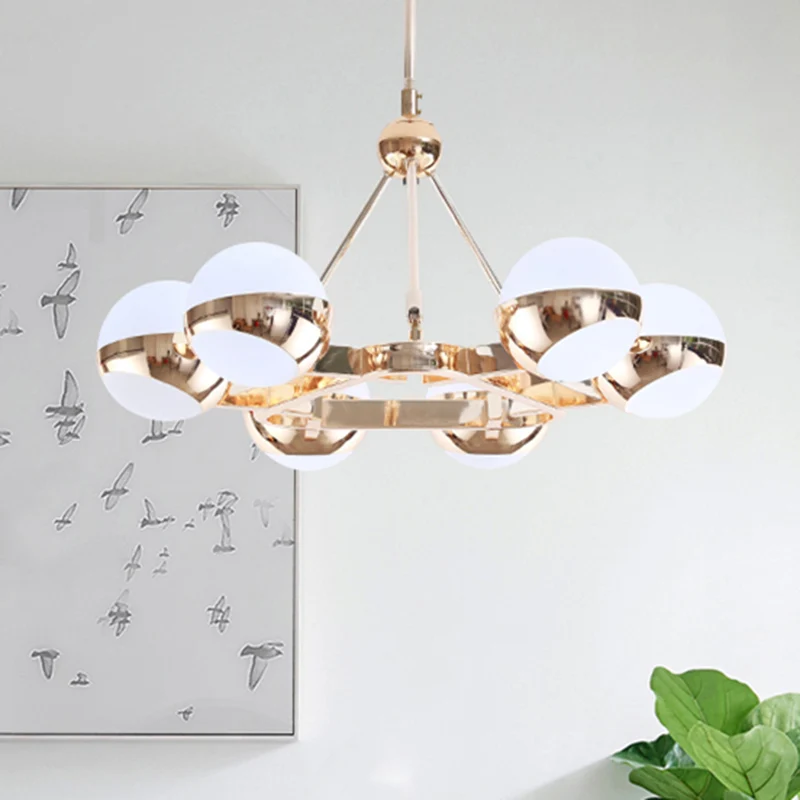 Prachtige ringhanglamp met bol matglazen kap 6/9 lichts metalen kroonluchter goud voor hotel Clearhalo