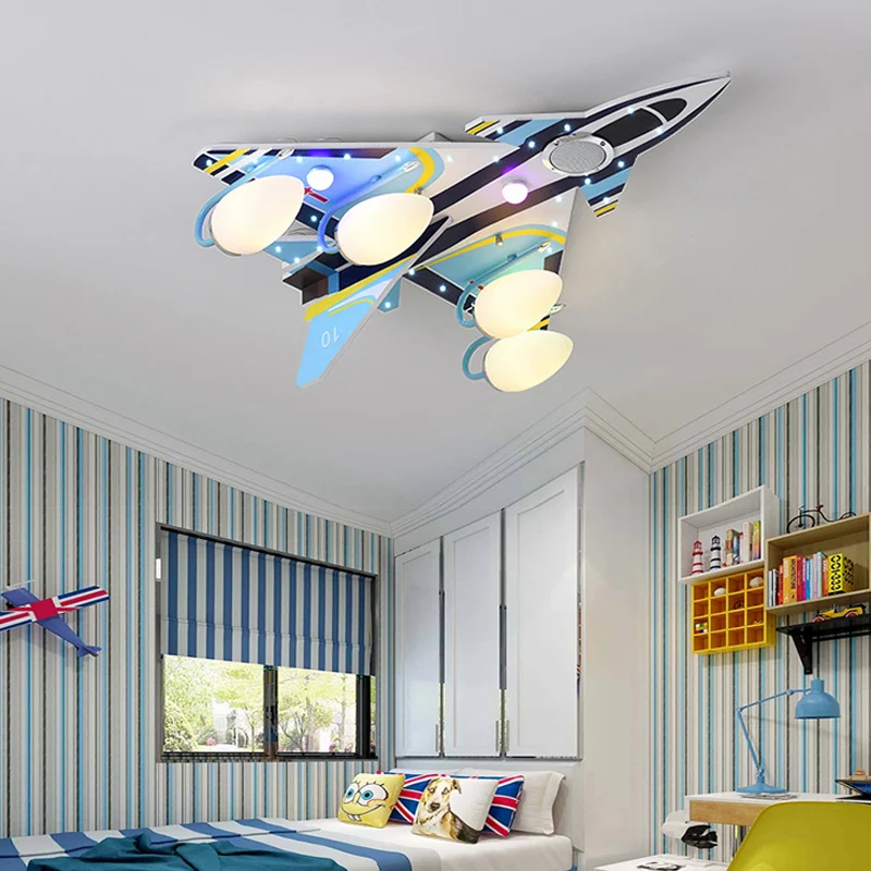 Pretpark aanvalsvliegtuigen plafondmontage licht hout 4 hoofden blauwe kinderplafondlamp Clearhalo