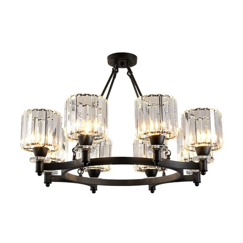 Prismatische kristallen cilinderkroonluchter hedendaagse 3/6/8-koppige eetkamer plafondophanglamp zwart/goud Clearhalo