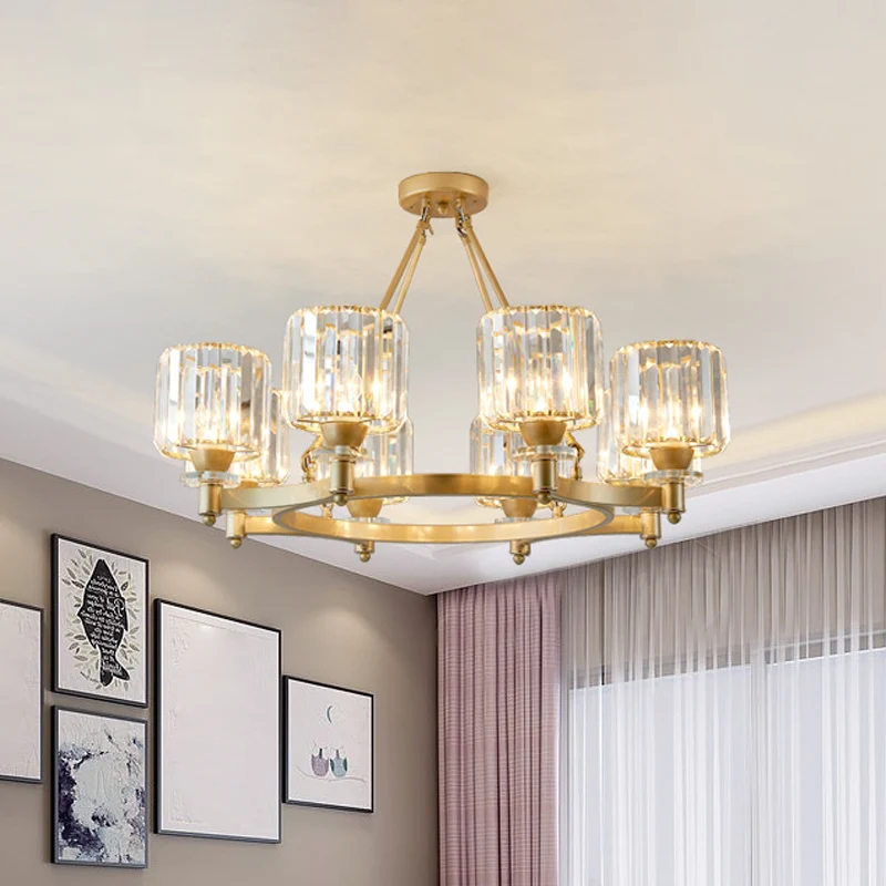 Prismatische kristallen cilinderkroonluchter hedendaagse 3/6/8-koppige eetkamer plafondophanglamp zwart/goud Clearhalo