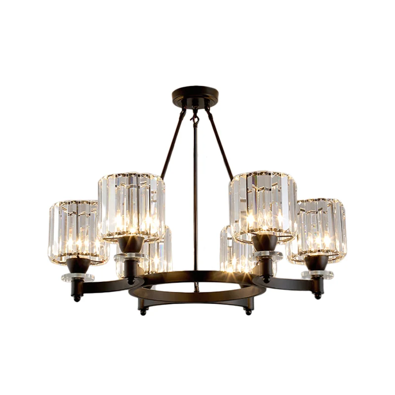 Prismatische kristallen cilinderkroonluchter hedendaagse 3/6/8-koppige eetkamer plafondophanglamp zwart/goud Clearhalo
