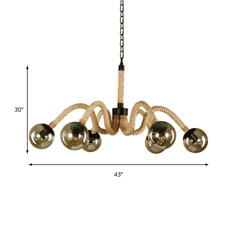 Radiaal touw kroonluchter licht traditioneel 6-lichts woonkamer hanglamp met amberkleurige glazen bolkap Clearhalo