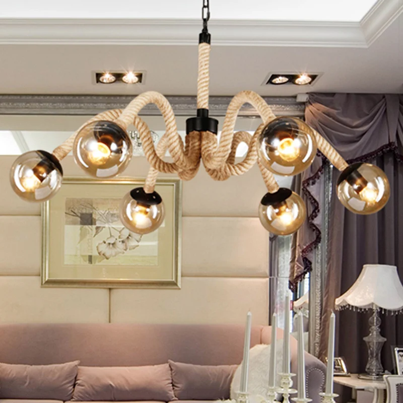 Radiaal touw kroonluchter licht traditioneel 6-lichts woonkamer hanglamp met amberkleurige glazen bolkap Clearhalo