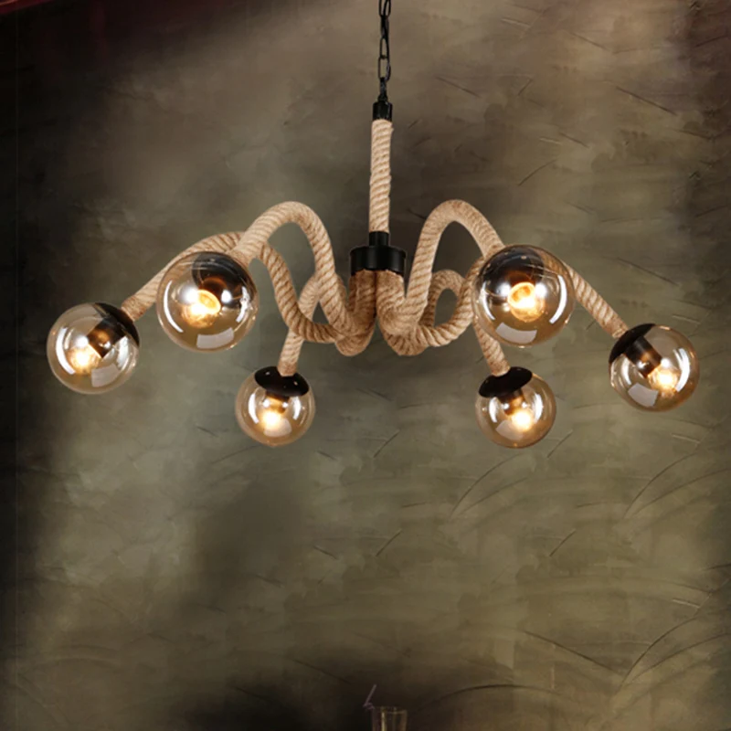 Radiaal touw kroonluchter licht traditioneel 6-lichts woonkamer hanglamp met amberkleurige glazen bolkap Clearhalo