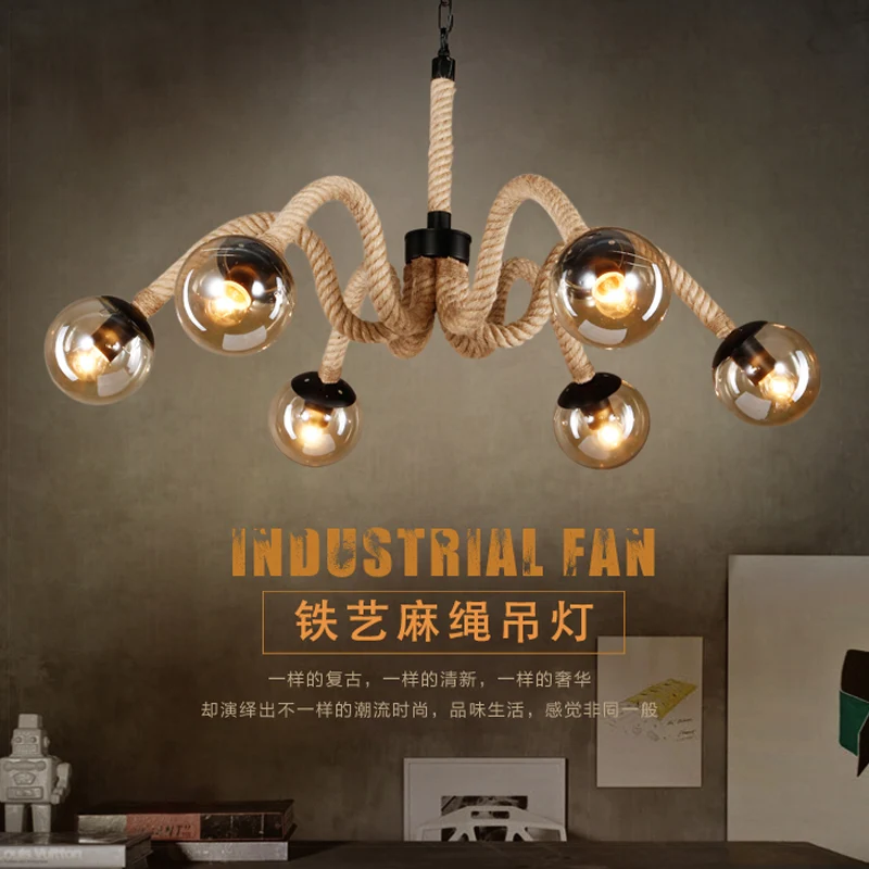 Radiaal touw kroonluchter licht traditioneel 6-lichts woonkamer hanglamp met amberkleurige glazen bolkap Clearhalo