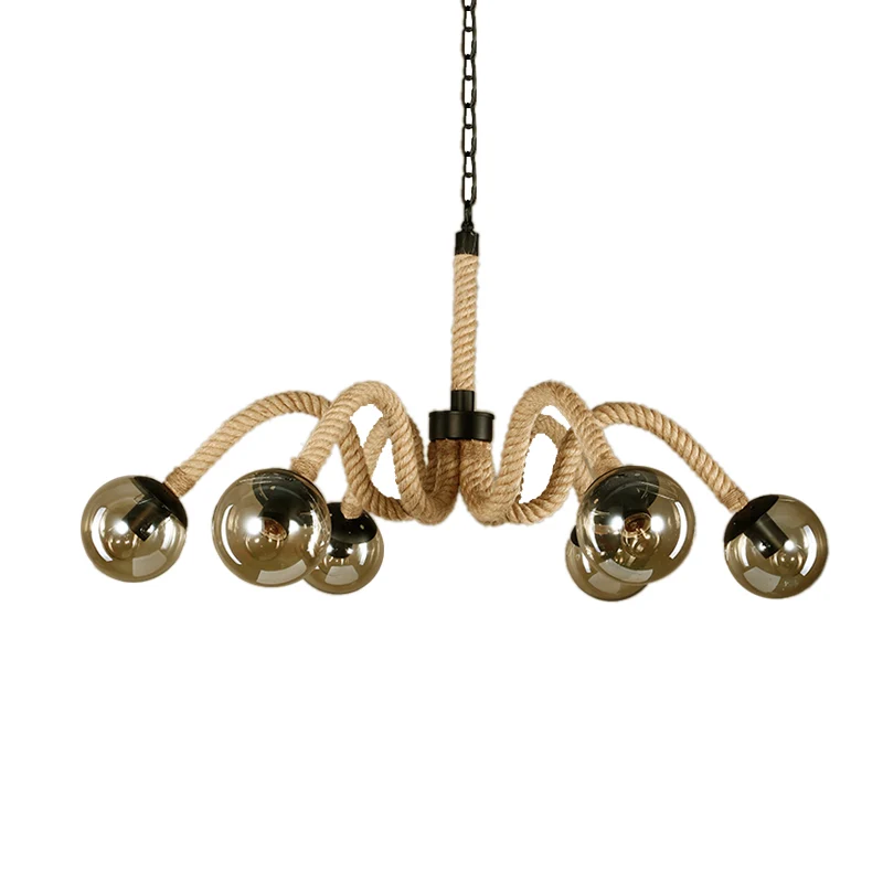 Radiaal touw kroonluchter licht traditioneel 6-lichts woonkamer hanglamp met amberkleurige glazen bolkap Clearhalo