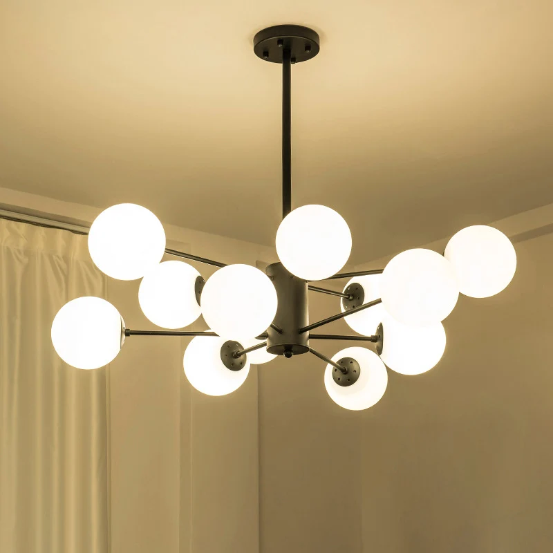 Radiale hangende kroonluchter voor woonkamer, metaal, 12 lampen, eenvoudige druppelhanger met bol opaalglazen kap zwart Cl...