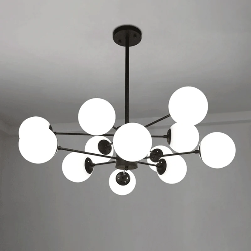 Radiale hangende kroonluchter voor woonkamer, metaal, 12 lampen, eenvoudige druppelhanger met bol opaalglazen kap zwart Cl...