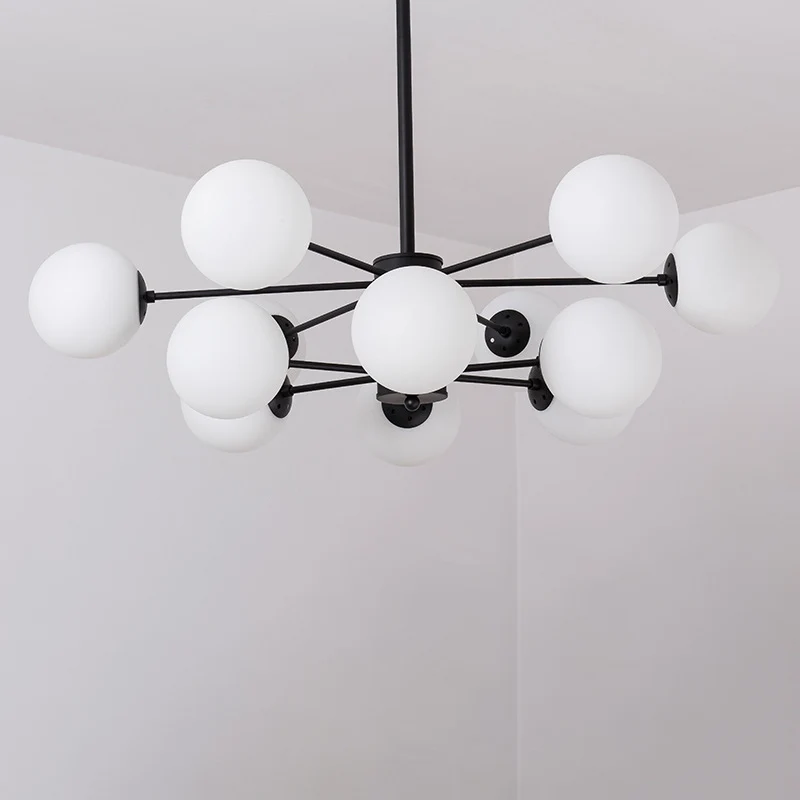 Radiale hangende kroonluchter voor woonkamer, metaal, 12 lampen, eenvoudige druppelhanger met bol opaalglazen kap zwart Cl...