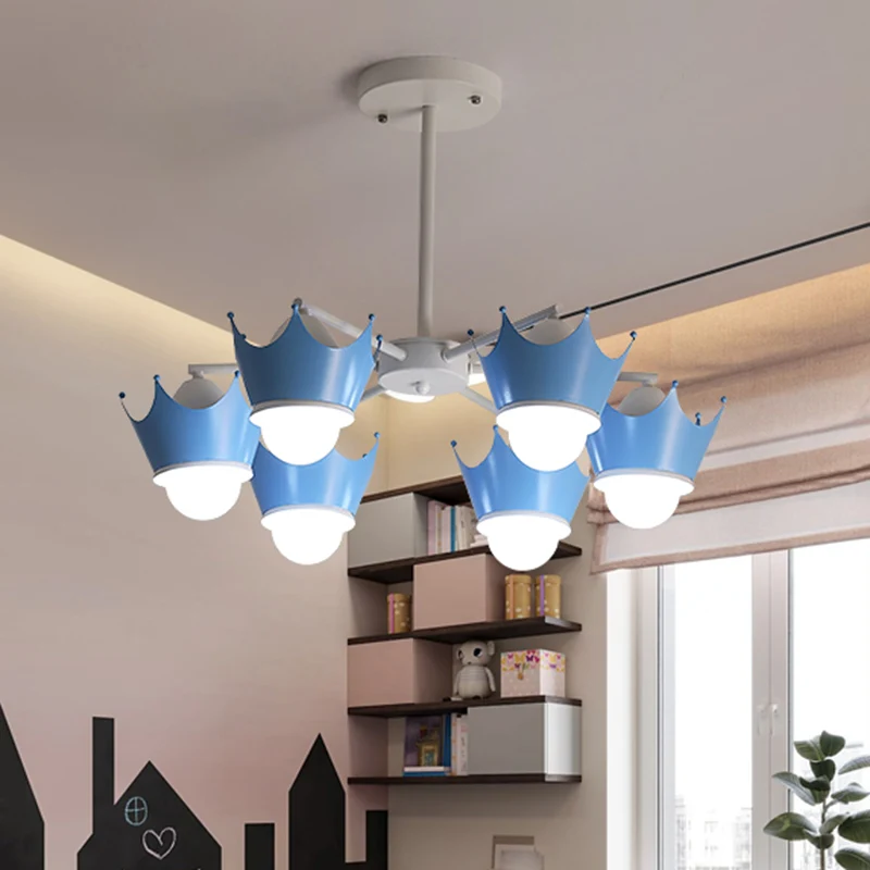 Radiale ijzeren plafondkroonluchter Kid 6/8 lampen geel/blauw hangende hanglamp met kroonlampenkap Clearhalo