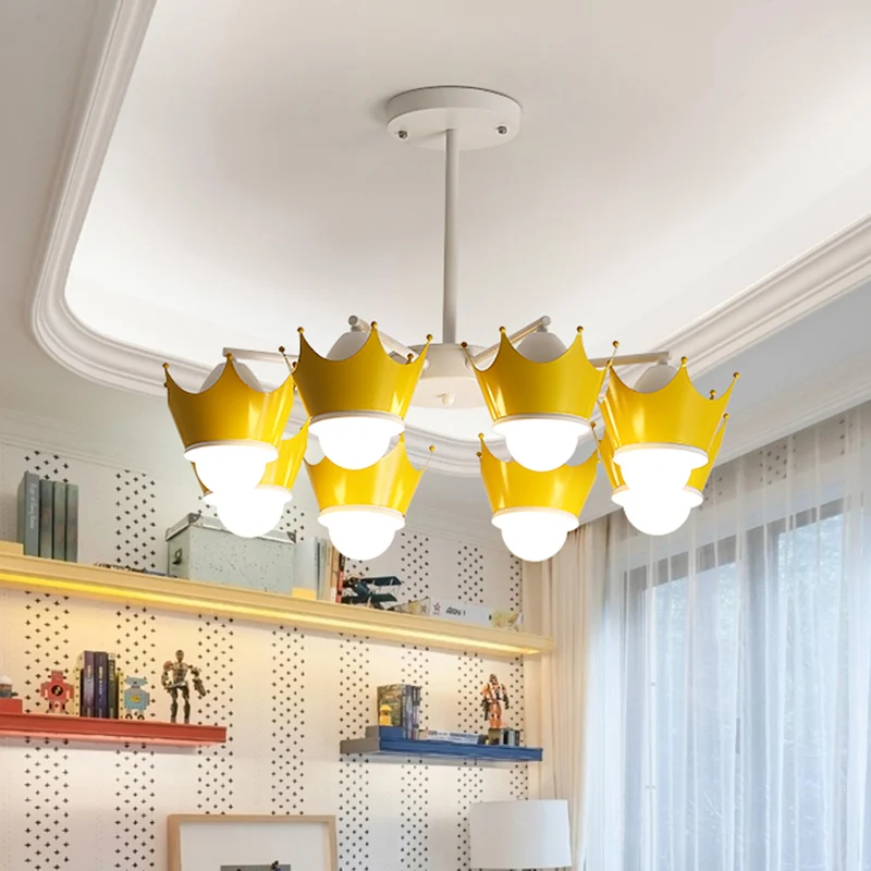 Radiale ijzeren plafondkroonluchter Kid 6/8 lampen geel/blauw hangende hanglamp met kroonlampenkap Clearhalo