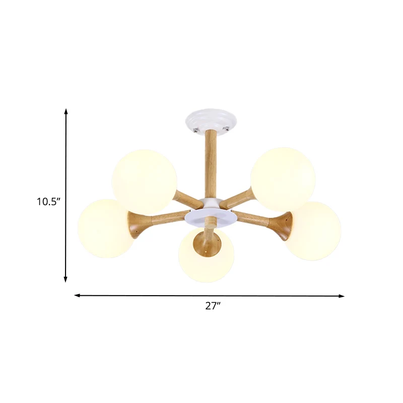 Radiale slaapkamerhangende kroonluchter van hout, 5 lampen, moderne hanglamp Kid met bolvormige witte glazen kap Clearhalo