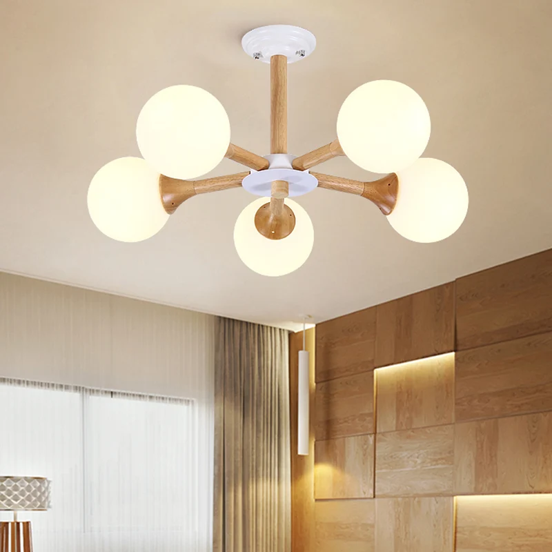 Radiale slaapkamerhangende kroonluchter van hout, 5 lampen, moderne hanglamp Kid met bolvormige witte glazen kap Clearhalo