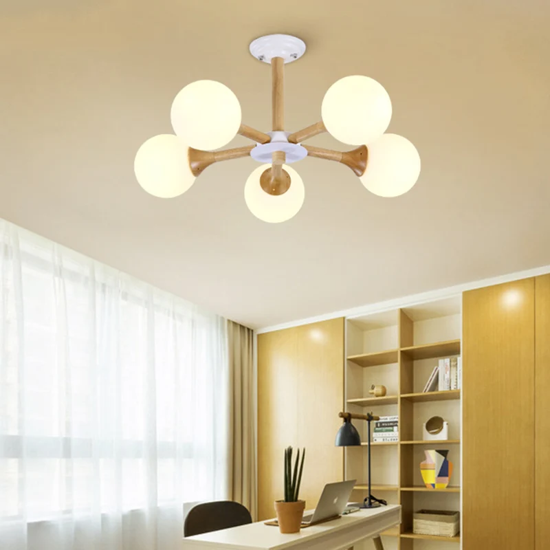 Radiale slaapkamerhangende kroonluchter van hout, 5 lampen, moderne hanglamp Kid met bolvormige witte glazen kap Clearhalo