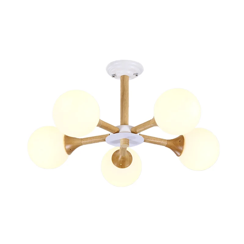 Radiale slaapkamerhangende kroonluchter van hout, 5 lampen, moderne hanglamp Kid met bolvormige witte glazen kap Clearhalo