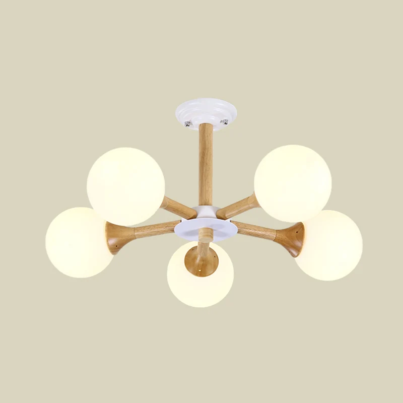 Radiale slaapkamerhangende kroonluchter van hout, 5 lampen, moderne hanglamp Kid met bolvormige witte glazen kap Clearhalo
