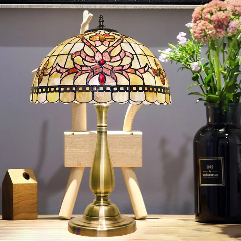 Rasterversiering Bloementafellamp 2-kops Shell Vintage nachtkastjelamp met trekketting geborsteld goud voor nachtkastje Cl...