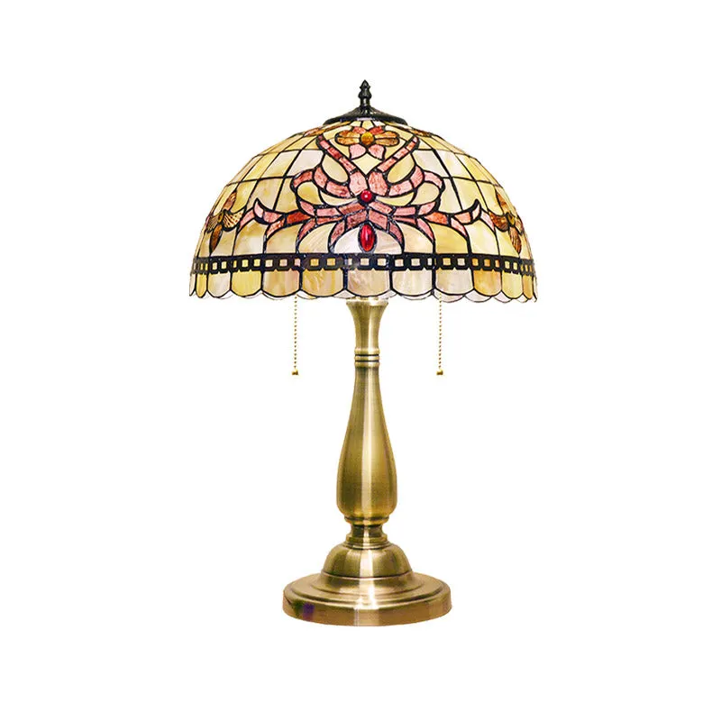 Rasterversiering Bloementafellamp 2-kops Shell Vintage nachtkastjelamp met trekketting geborsteld goud voor nachtkastje Cl...