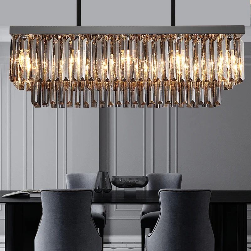 Rechthoek Rookgrijs Kristallen Blok Eilandlamp Modern 10 Lichten Zwart Hangende Kroonluchter, 31,5"/39" Breed Clearhalo