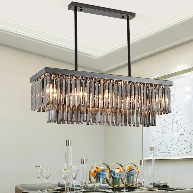 Rechthoek Rookgrijs Kristallen Blok Eilandlamp Modern 10 Lichten Zwart Hangende Kroonluchter, 31,5"/39" Breed Clearhalo