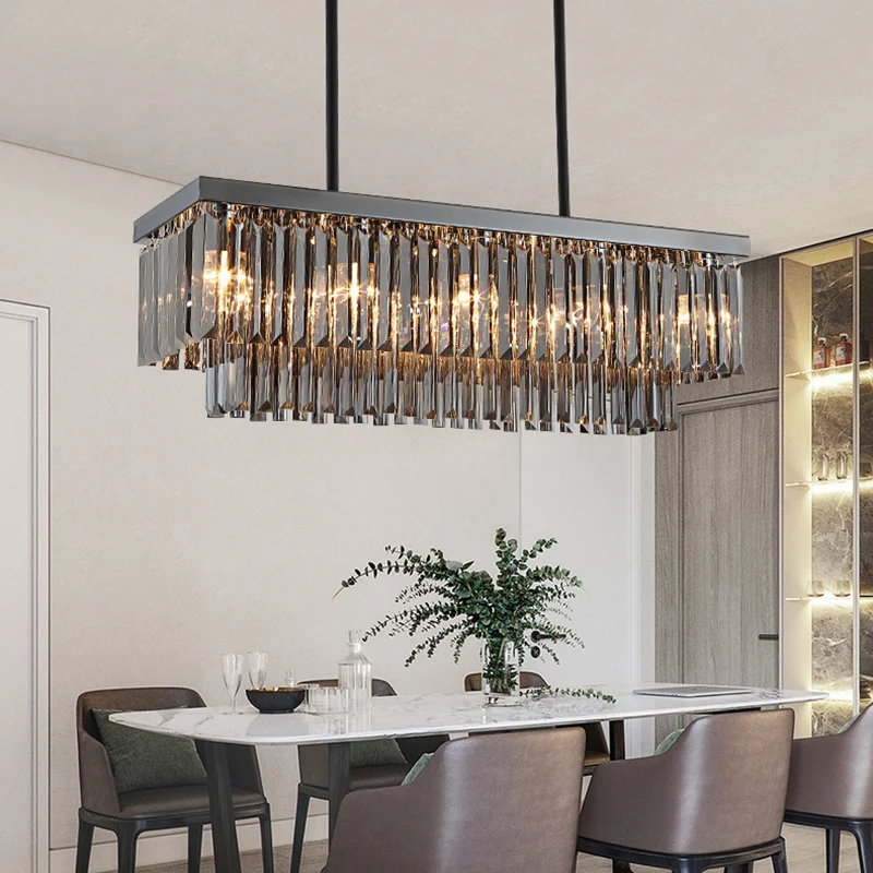 Rechthoek Rookgrijs Kristallen Blok Eilandlamp Modern 10 Lichten Zwart Hangende Kroonluchter, 31,5"/39" Breed Clearhalo