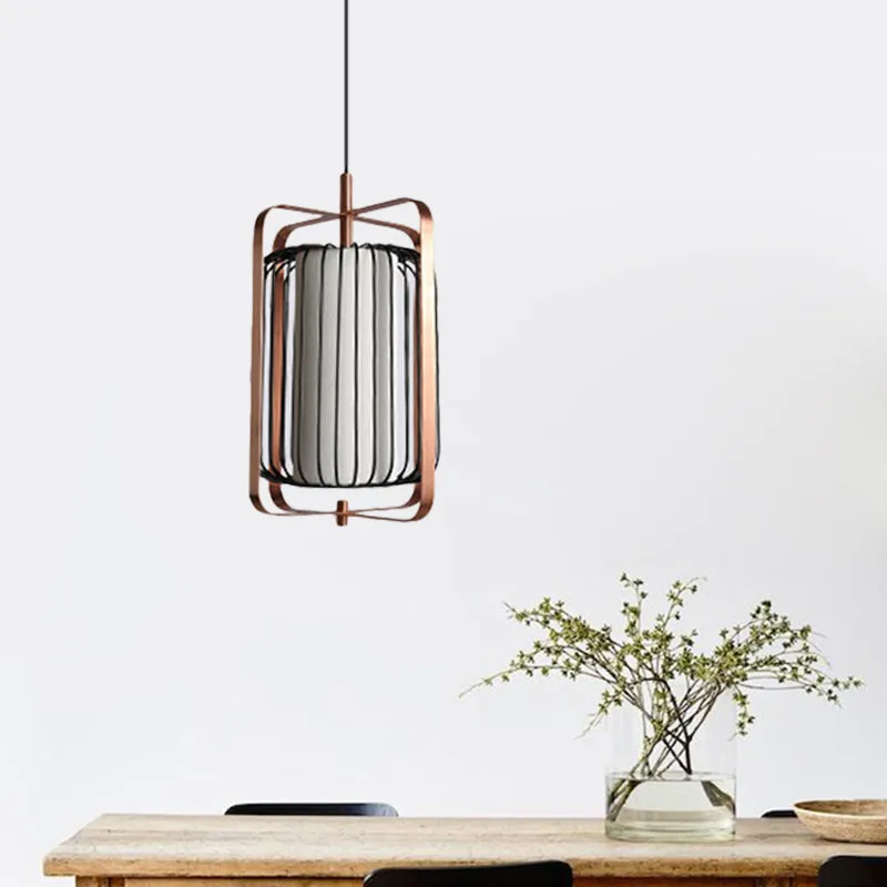 Rechthoekig frame hanglamp modernisme metaal 1-lichts roségouden hanglamp met cilinderzwarte kooi en witte stoffen kap Cle...