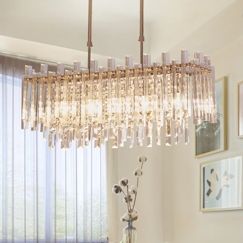Rechthoekig hangend lichtarmatuur modern kristalblok 5-lichts chroom kroonluchterlicht voor eetkamer Clearhalo