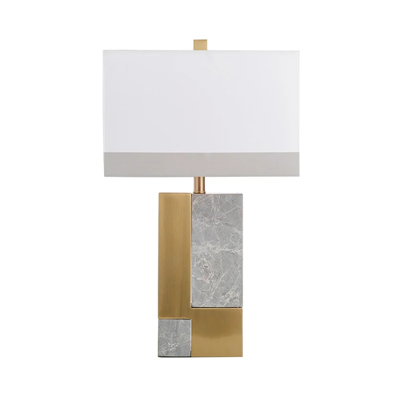 Rechthoekig nachtkastje licht minimalistisch marmer 1 lamp grijs/wit en messing colorblock tafellamp met stoffen kap Clear...