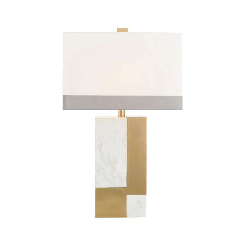 Rechthoekig nachtkastje licht minimalistisch marmer 1 lamp grijs/wit en messing colorblock tafellamp met stoffen kap Clear...