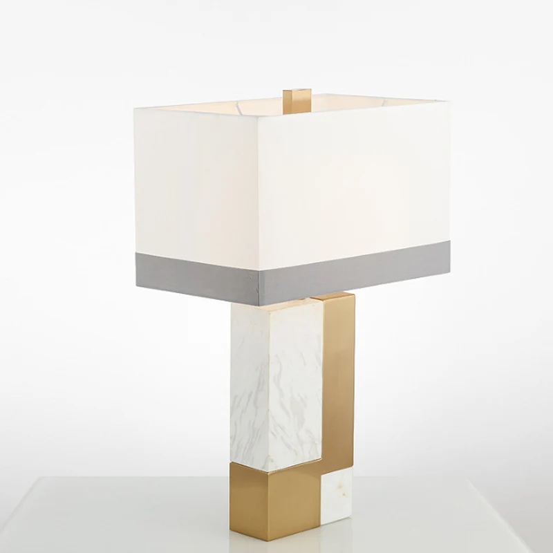 Rechthoekig nachtkastje licht minimalistisch marmer 1 lamp grijs/wit en messing colorblock tafellamp met stoffen kap Clear...