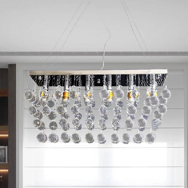 Rechthoekige eetkamer kroonluchterlamp Kristallen bol 6/9 koppen Eenvoudige stijl hanglamp nikkel Clearhalo