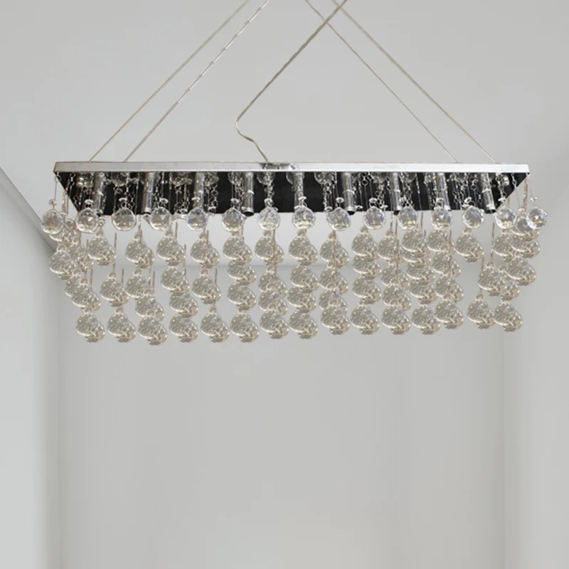 Rechthoekige eetkamer kroonluchterlamp Kristallen bol 6/9 koppen Eenvoudige stijl hanglamp nikkel Clearhalo