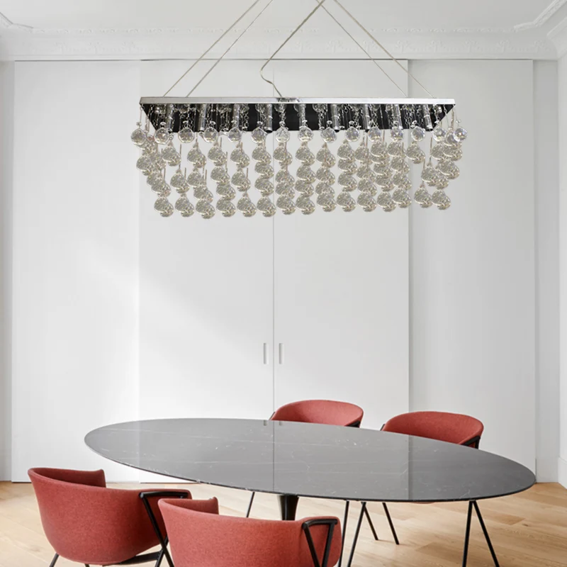 Rechthoekige eetkamer kroonluchterlamp Kristallen bol 6/9 koppen Eenvoudige stijl hanglamp nikkel Clearhalo