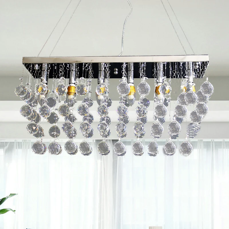 Rechthoekige eetkamer kroonluchterlamp Kristallen bol 6/9 koppen Eenvoudige stijl hanglamp nikkel Clearhalo